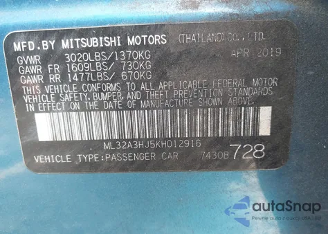 2019 Mitsubishi Mirage Es from USA, damaged, VIN ML32A3HJ5KH012916
